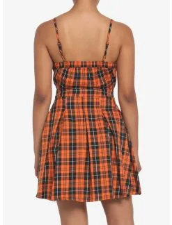 HUNIVERS Black & Orange Plaid Pleated Lace-Up Dress -Sweaters And Cardigans Sales 17944425 av2