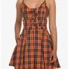 HUNIVERS Black & Orange Plaid Pleated Lace-Up Dress