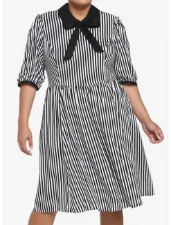 HUNIVERS Black & White Stripe Bow Retro Dress Plus Size