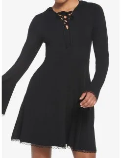 HUNIVERS Black Lace-Up Front Hooded Dress