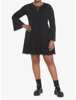 HUNIVERS Black Lace-Up Front Hooded Dress Plus Size -Sweaters And Cardigans Sales 18780555 av1