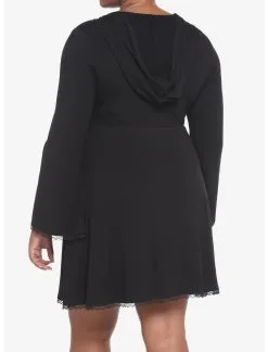 HUNIVERS Black Lace-Up Front Hooded Dress Plus Size -Sweaters And Cardigans Sales 18780555 av2