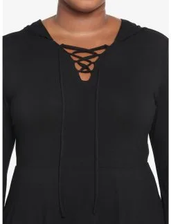 HUNIVERS Black Lace-Up Front Hooded Dress Plus Size -Sweaters And Cardigans Sales 18780555 av3