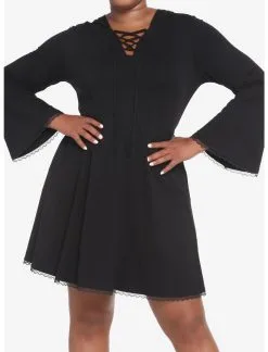 HUNIVERS Black Lace-Up Front Hooded Dress Plus Size -Sweaters And Cardigans Sales 18780555 av5