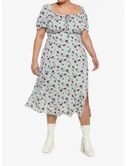 HUNIVERS Frog Mushroom Sage Green Empire Midi Dress Plus Size