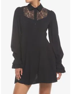HUNIVERS Black Lace Collared Dress