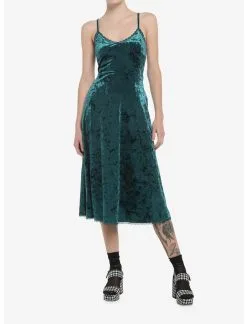 HUNIVERS Green Velvet Midi Slip Dress