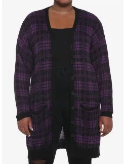 HUNIVERS Purple & Black Plaid Oversized Cardigan Plus Size