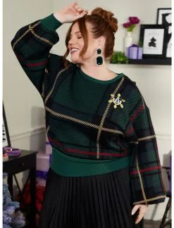 HUNIVERS Her Universe Disney Holiday Plaid Mickey Mouse Knit Sweater Plus Size