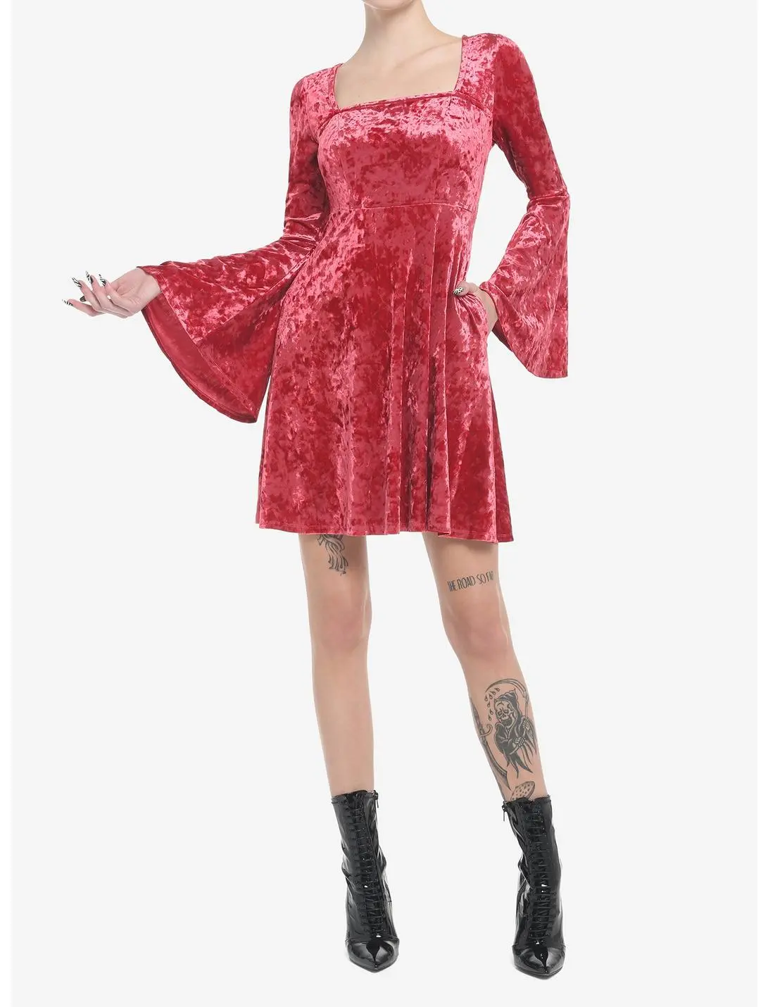 Red Crushed Velvet Bell Sleeve Mini Dress 4 Red Crushed Velvet Bell Sleeve Mini Dress - Image 2