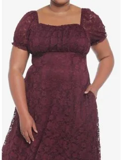 Burgundy Floral Lace Midi Dress Plus Size