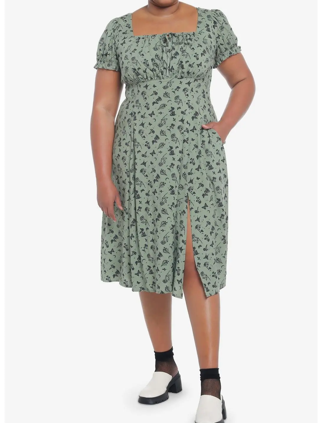 Green Butterfly Mushroom Empire Midi Dress Plus Size 4 Green Butterfly Mushroom Empire Midi Dress Plus Size - Image 2