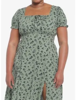 Green Butterfly Mushroom Empire Midi Dress Plus Size
