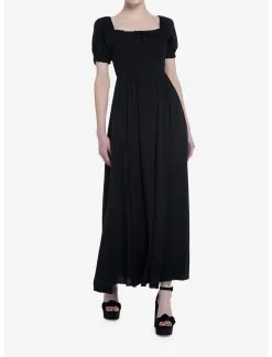 Thorn & Fable Black Smock Puff Sleeve Maxi Dress